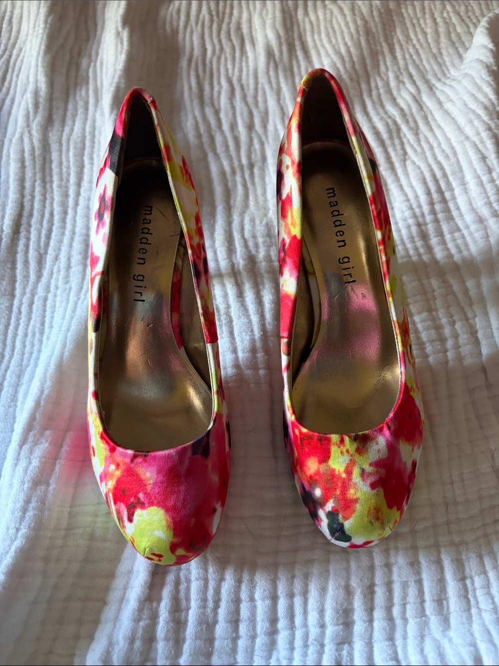 Madden Girl Pink and Yellow Floral Satin Pumps